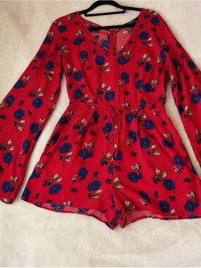 Forever 21 Red Floral Top with Blue and Black Accents